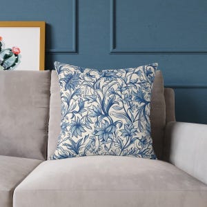 Blue Floral Square Pillow, Bohemian Home Decor, Cozy Couch Cushion, William Morris Handscratched Gift, Stylish Living