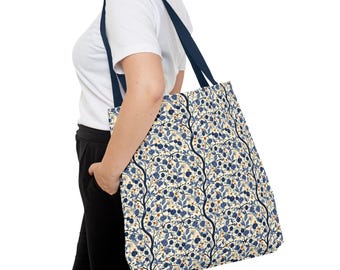 William Morris Floral Tote Bag – Vintage Botanical Art, Blue Canvas Shoulder Bag