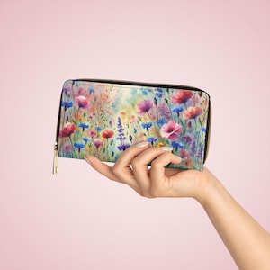 Zipper Wallet, Floral Blooming Meadow Design, Vegan Leather Clutch, Small Summer Gift, Credit Card Purse for Women