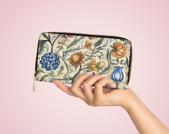Botanical Zipper Wallet: Floral Vegan Leather Clutch Purse