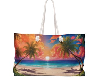 Tropical Sunset Oversized Beach Tote: Coastal Weekender Bag, Travel Essentials