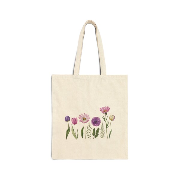 Floral Canvas Tote Bag, Cotton Tote Bag, Spring Flowers Tote Bag, Shopping Bag, Women Casual Tote Bag, Gift for Mum, Gift for Her