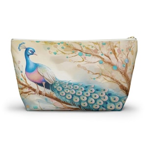 Elegante bolsa para accesorios con diseño de pavo real, bolsa de maquillaje con cremallera y diseño floral vibrante, organizador de viaje para mujer, regalo inspirado en la naturaleza para ella, regalo para el día de la madre