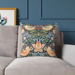 Strawberry Thief Throw Pillow, William Morris Cushion, Vintage Floral Botanical Pillow, Art Nouveau Decor, Cottagecore Farmhouse