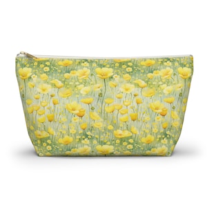 Floral Makeup Bag, Yellow Wildflower Zipper Pouch, Spring Cosmetic Bag, Gift for Her, Travel Toiletry Bag, Botanical Accessory Case