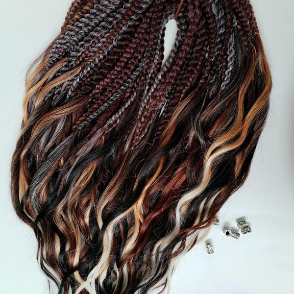 Extensions de dreadlocks synthétiques ondulées, ombré brun-rouge, cheveux bouclés bohèmes (55 cm)