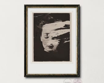 Torn Paper Portrait Print | Dark Surrealist Woman Art | Vintage Screenprint Wall Decor (Digital Download)