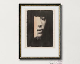 Vintage Abstract Portrait Art Print | Black and White Brushstrokes (Digital File)