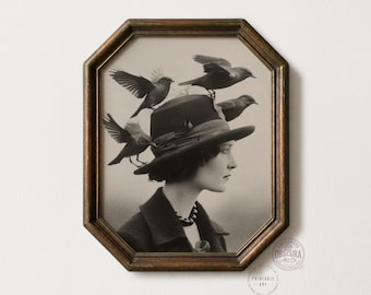 Vintage Woman with Birds Print | Sepia Surreal Portrait (Digital Download)