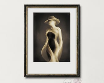Abstract Fashion Portrait, Woman in Hat Wall Art, Neutral Elegant Decor (Digital Download)
