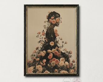 Floral Woman Portrait Print, Dark Academia Botanical Wall Art (Digital Download)