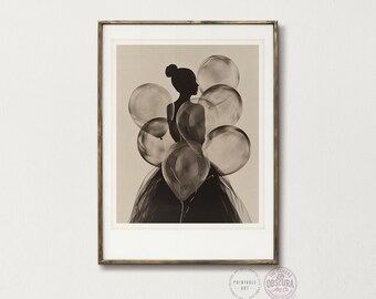 Elegant Woman with Balloons Art Print | Black and White Silhouette (Digital Download)
