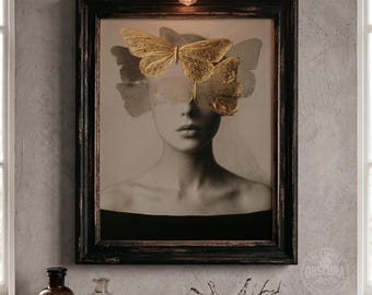Surreal Butterfly Woman Portrait, Vintage Gold Artwork, Feminine Wall Art (Digital Download)
