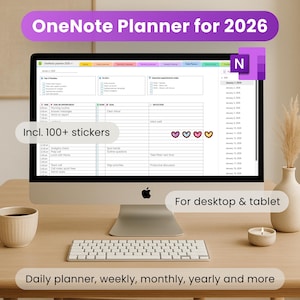 Può includere: Un monitor di computer mostra un pianificatore OneNote per il 2026, con il testo "Incl. 100+ stickers" e "For desktop & tablet". Una tastiera, una tazza di caffè e una candela sono su una scrivania di legno. È visibile anche il testo "Daily planner, weekly, monthly, yearly and more".