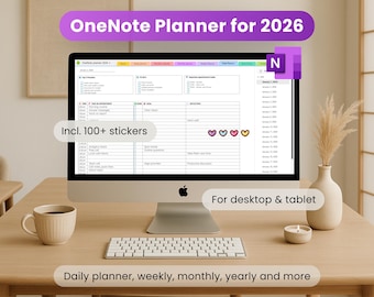OneNote Planner 2026, Daily, Weekly, Monthly, Yearly, Hyperlinked OneNote Template incl Stickers (Digital Download)