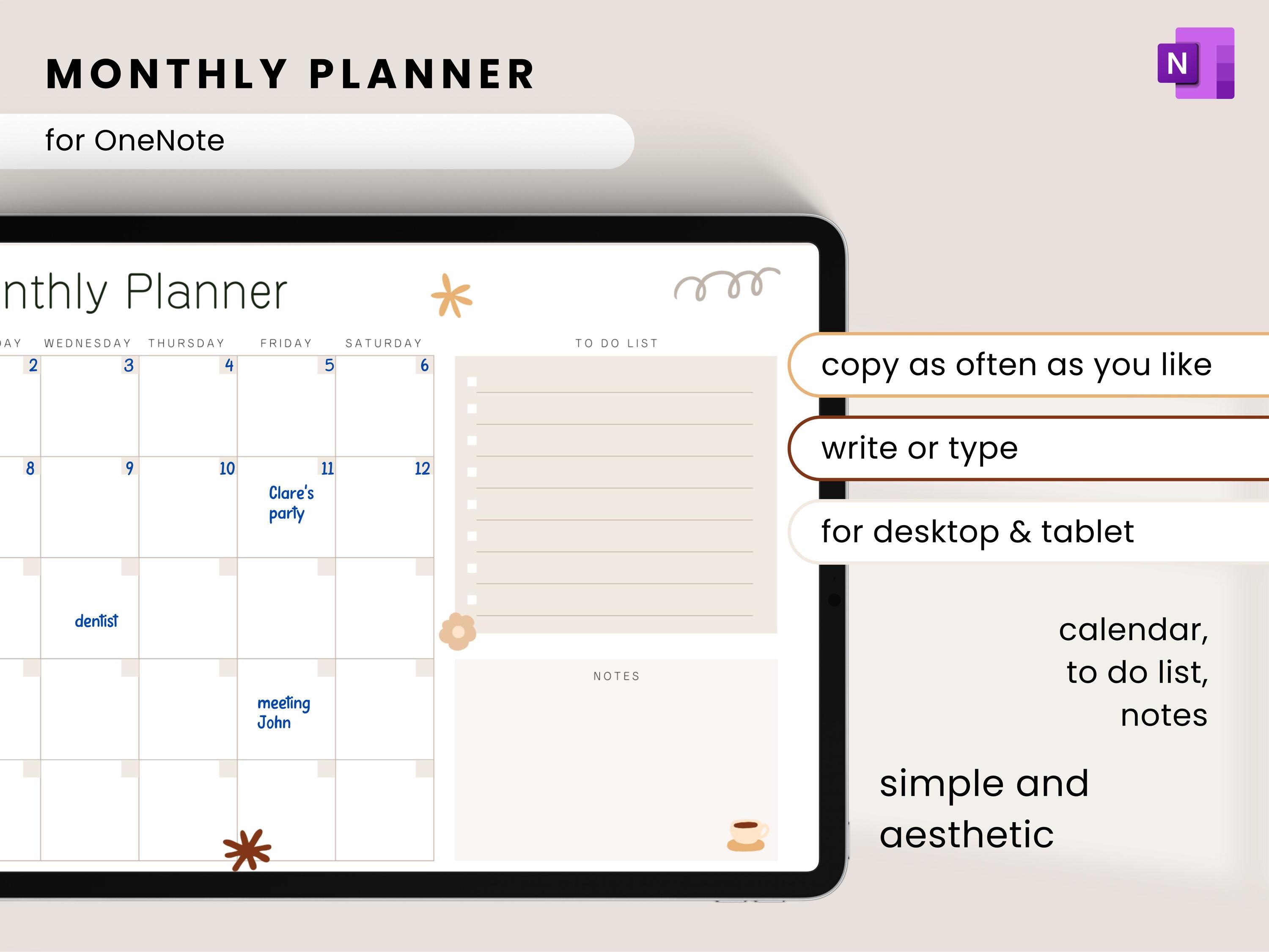 Onenote Monthly Planner Template With Stickers (digital Download) - Etsy