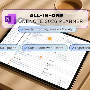 Puede incluir: Un planificador digital en una tableta, etiquetado como "ALL-IN-ONE ONENOTE 2026 PLANNER". Incluye vistas anuales, mensuales, semanales y diarias, más de 450 páginas, inicio de semana domingo y lunes e hipervínculos. Una taza de café y un libro abierto en el fondo.