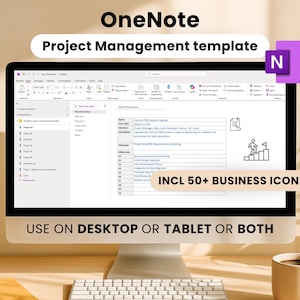 Puede incluir: Un monitor de ordenador muestra una plantilla de gestión de proyectos de OneNote. La pantalla muestra un esquema detallado del proyecto con iconos de negocios y el texto "INCL 50+ BUSINESS ICONS". También es visible el texto "USE ON DESKTOP OR TABLET OR BOTH".