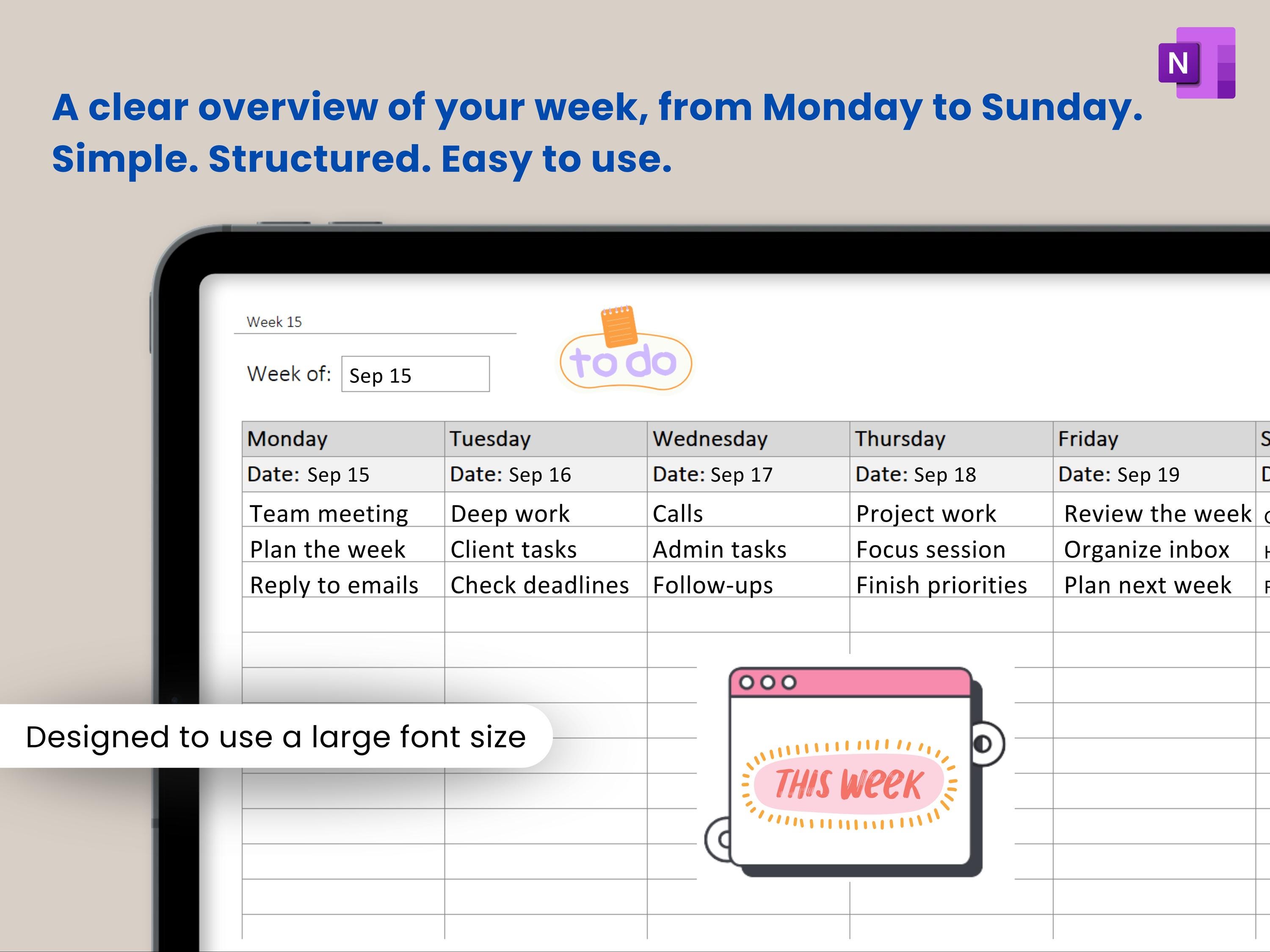 Large Bracket Onenote Onenote Weekly Planner Template - Designed for Better Readability - Use ...