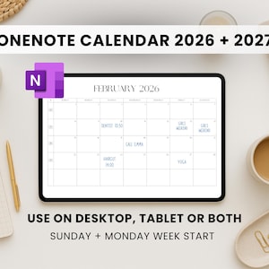 Puede incluir: Un calendario digital para 2026 y 2027 que se muestra en una tableta. El calendario muestra el mes de febrero con citas. La imagen incluye un bloc de notas, un bolígrafo, una taza de café y elementos decorativos. El texto de la imagen dice "ONENOTE CALENDAR 2026 + 2027".
