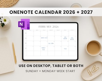 OneNote Calendar 2026 + 2027, Monthly Planner, Template, PC, Mac, Desktop, Tablet, iPad (Digital Download)
