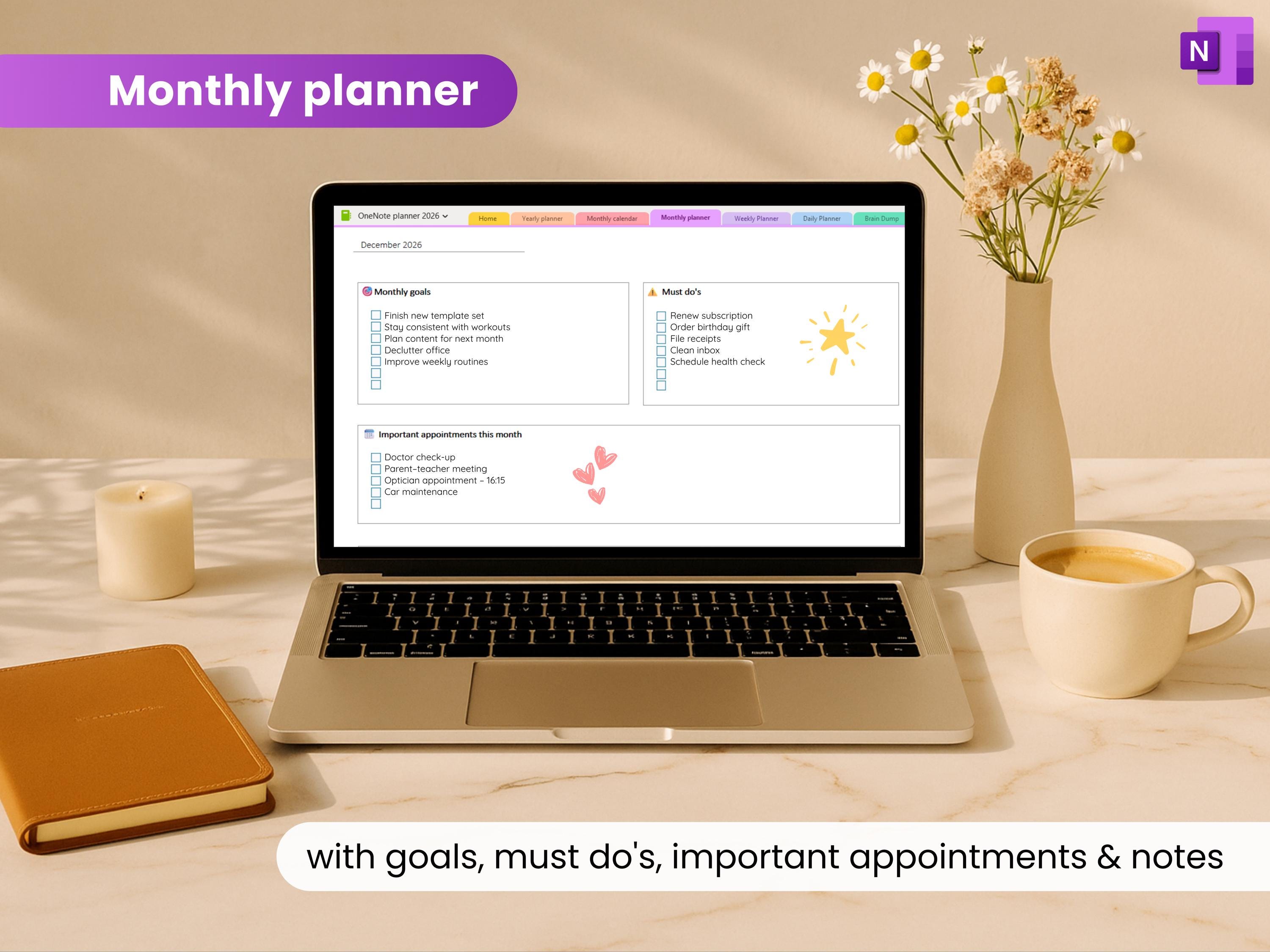 Onenote Planner 2026, Daily, Weekly, Monthly, Yearly, Hyperlinked ...