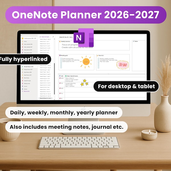 OneNote-sjabloon 2026-2027, dagelijkse, wekelijkse, maandelijkse planner, volledig hyperlinks, start maandag
