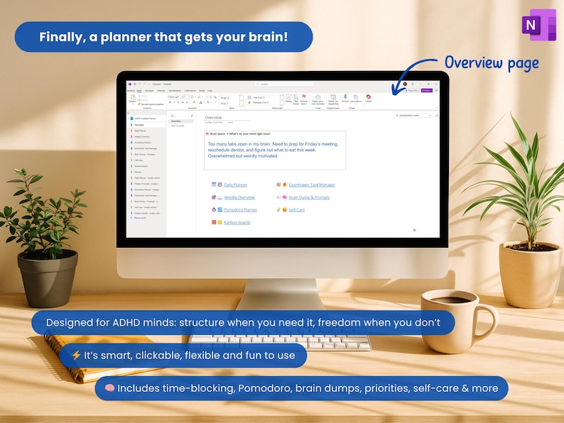 OneNote weekly overview for ADHD, with must-do list and planning sections