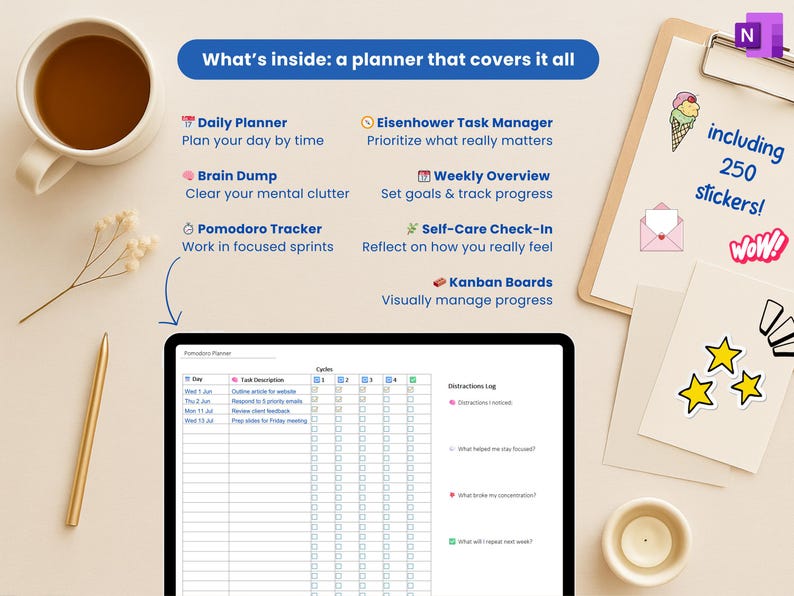 Hyperlinked OneNote planner for ADHD productivity and goal setting