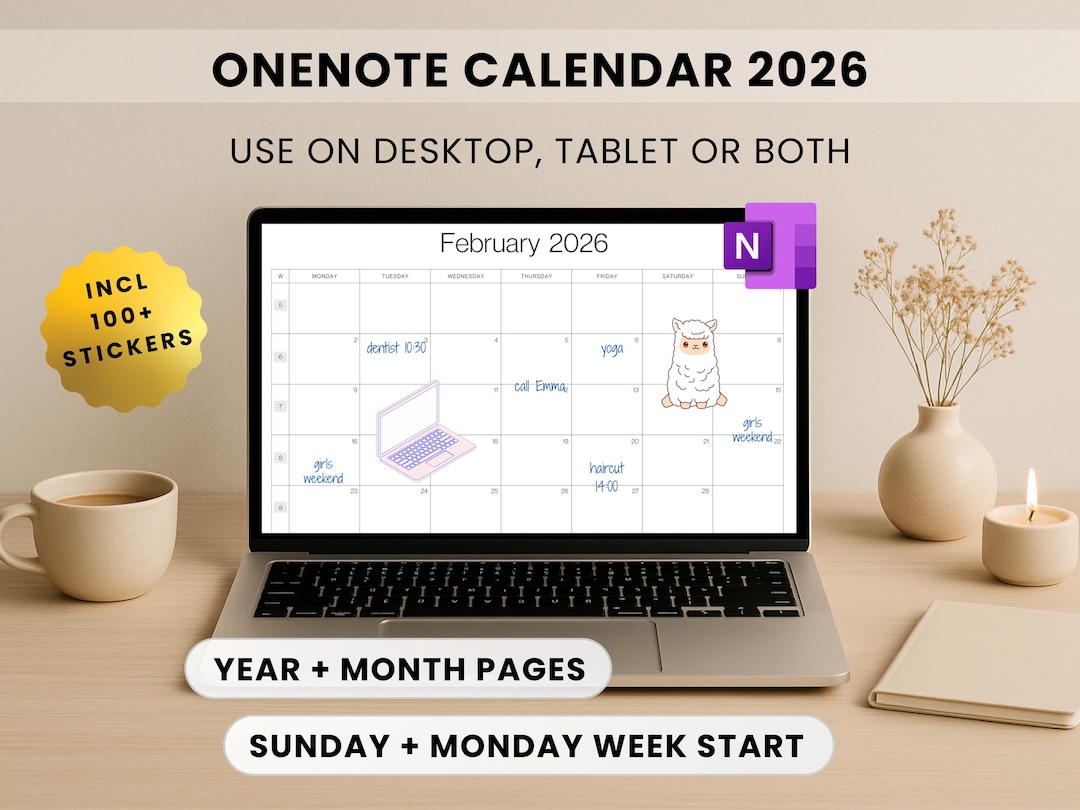 Onenote Calendar 2026 Template, Monthly Planner, 100+ Stickers (digital ...