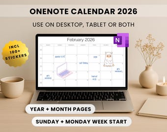 OneNote Calendar 2026 Template, Monthly Planner, 100+ Stickers (Digital Download)