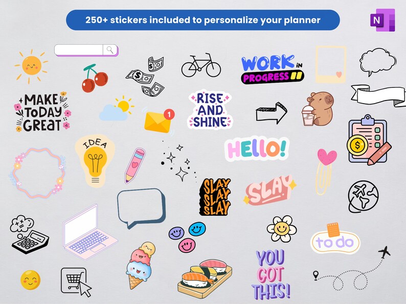 onenote template, onenote planner, onenote adhd planner with stickers