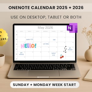 OneNote Calendar 2025 + 2026, One Note Template, OneNote Monthly Planner, Incl 80 Stickers | for tablet, desktop, iPad, Android, Mac, PC
