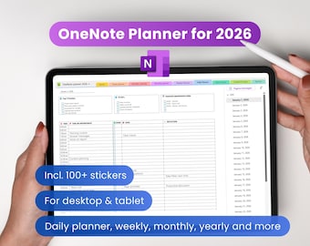 OneNote Planner 2026, Daily, Weekly, Monthly, Yearly, Hyperlinked Template with Stickers (Digital Download)