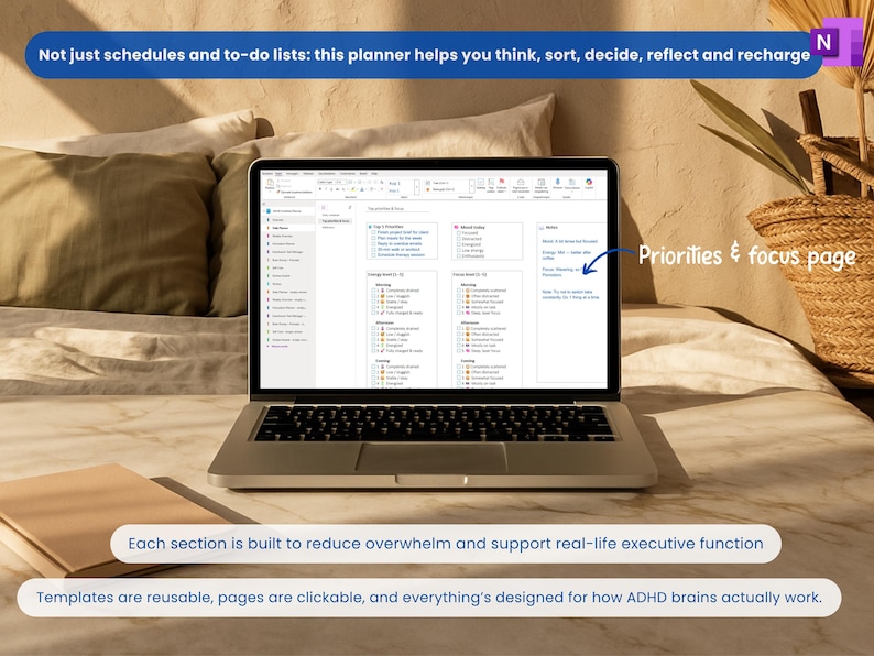 Hyperlinked OneNote planner for ADHD productivity and goal setting