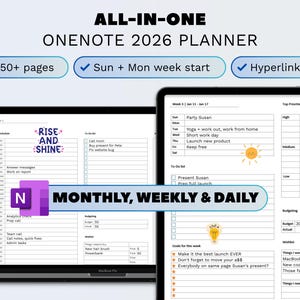 Könnte beinhalten: Ein digitaler Planer, "ONENOTE 2026 PLANNER", auf einem Laptop und Tablet dargestellt. Enthält über 450 Seiten und Hyperlinks. Der Planer ist für monatliche, wöchentliche und tägliche Nutzung konzipiert.