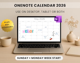 OneNote Calendar 2026 Template, Monthly Planner with Stickers