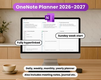 OneNote Template 2026 - 2027, Fully Hyperlinked, Sunday week start