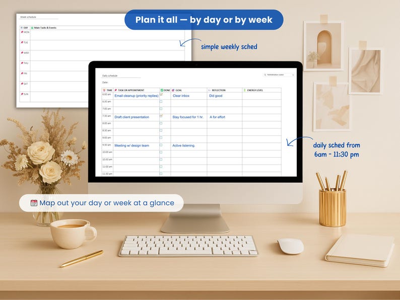 OneNote weekly and daily overview for ADHD, with must-do list and planning sections