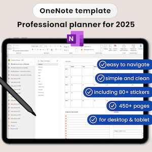 OneNote Planner 2025 Professional work and Personal, One Note Template, OneNote calendar, Monthly, Weekly, Daily Planner, Tablet or Desktop
