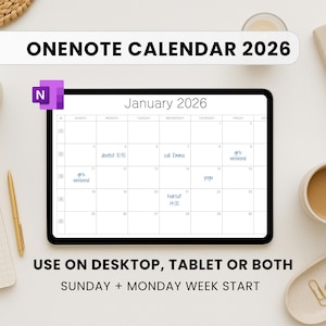 Puede incluir: Calendario digital de enero de 2026 en una tableta. El calendario blanco tiene texto azul, con citas como "dentist 10:50" y "haircut 14:00". La imagen incluye el texto "ONENOTE CALENDAR 2026" y "USE ON DESKTOP, TABLET OR BOTH."