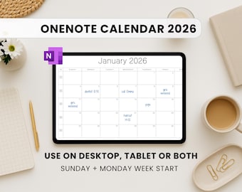 OneNote Calendar 2026 Template, Monthly Planner with Stickers (Digital Download)
