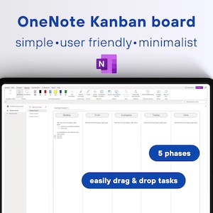 Puede incluir: Un tablero Kanban digital en una tableta. El texto "OneNote Kanban board" está en la parte superior, con "simple, user friendly, minimalist" debajo. Destaca 5 fases y la función de arrastrar y soltar tareas.