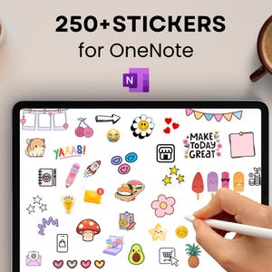Może przedstawiać: Ekran tabletu wyświetlający kolekcję kolorowych naklejek cyfrowych dla OneNote, w tym emotikony, ilustracje jedzenia i elementy dekoracyjne. Tekst "250+ STICKERS for OneNote" znajduje się na górze. Ręka z rysikiem wchodzi w interakcję z ekranem.