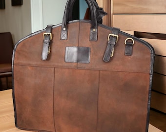 Personalized Leather Suit Carrier, Premium Travel Garment Bag, Groomsmen Gift, Rustic Brown Leather Suit Cover, Christmas & Wedding Gift.