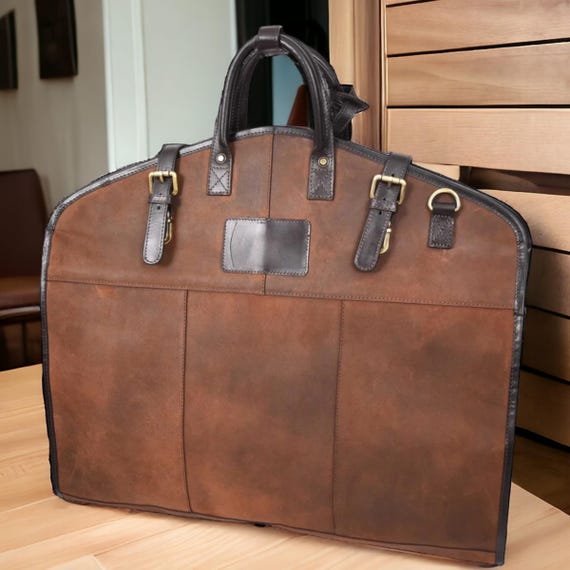 Personalized Leather Suit Carrier, Premium Travel Garment Bag, Groomsmen Gift, Rustic Brown Leather Suit Cover, Christmas & Wedding Gift.