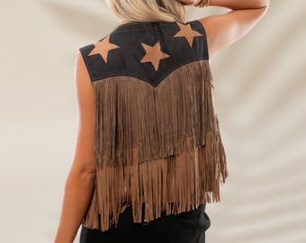 Handgemaakt suèdeleren vest met franje voor vrouwen, western cowgirl-stervest, bohofestivaloutfit, bruin leren vest met franjes, vintage rodeostijl