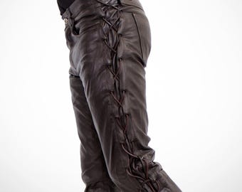Men’s Black Lace-Up Leather Pants - Slim Fit Biker Motorcycle Trousers, High Waisted Rock Pants, Western Cowboy Leather Jeans, Gift gor him.