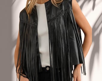 Black Fringe Leather Vest – Women’s Western Cowgirl Festival Outfit, Handmade Leather Rodeo Vest, Boho Concert Clothing Gift for Her.