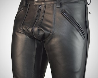 Men's Faux Leather Slim Fit Pants, Handmade Stylish Black Jeans with Double Side Zips, Perfect for Party or Biker Wear, Great Gift for him